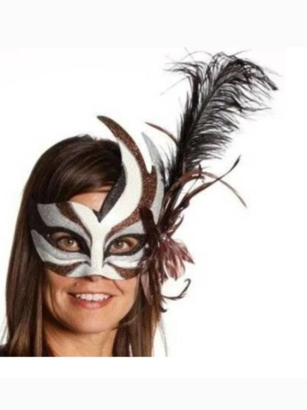 Masquerade Mask Halloween Mardi Gras White & Brown Feather Bird Ceramic Party